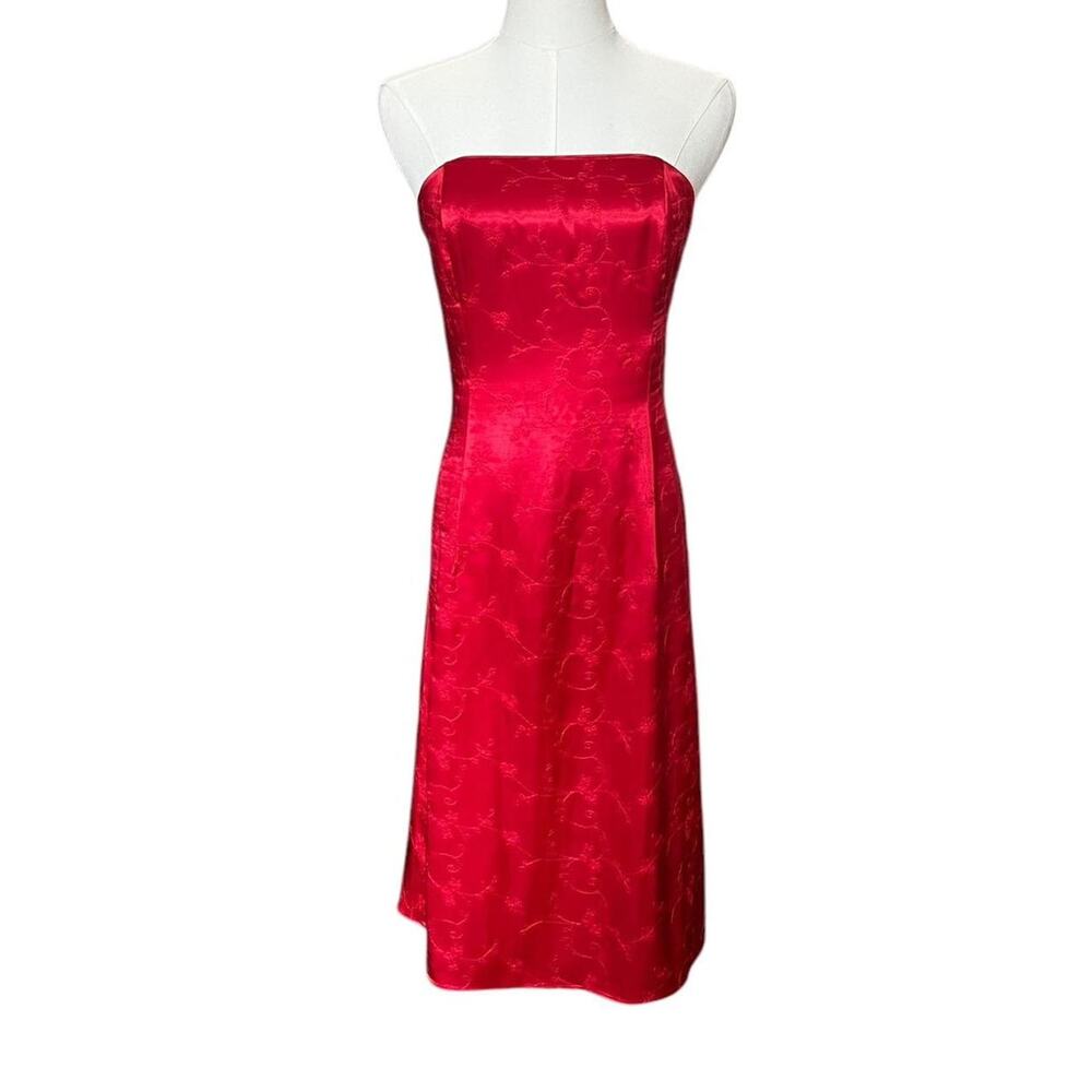 VTG Y2K Jessica McClintock Shiny Satin Red Floral Embroidered Strapless Dress 6